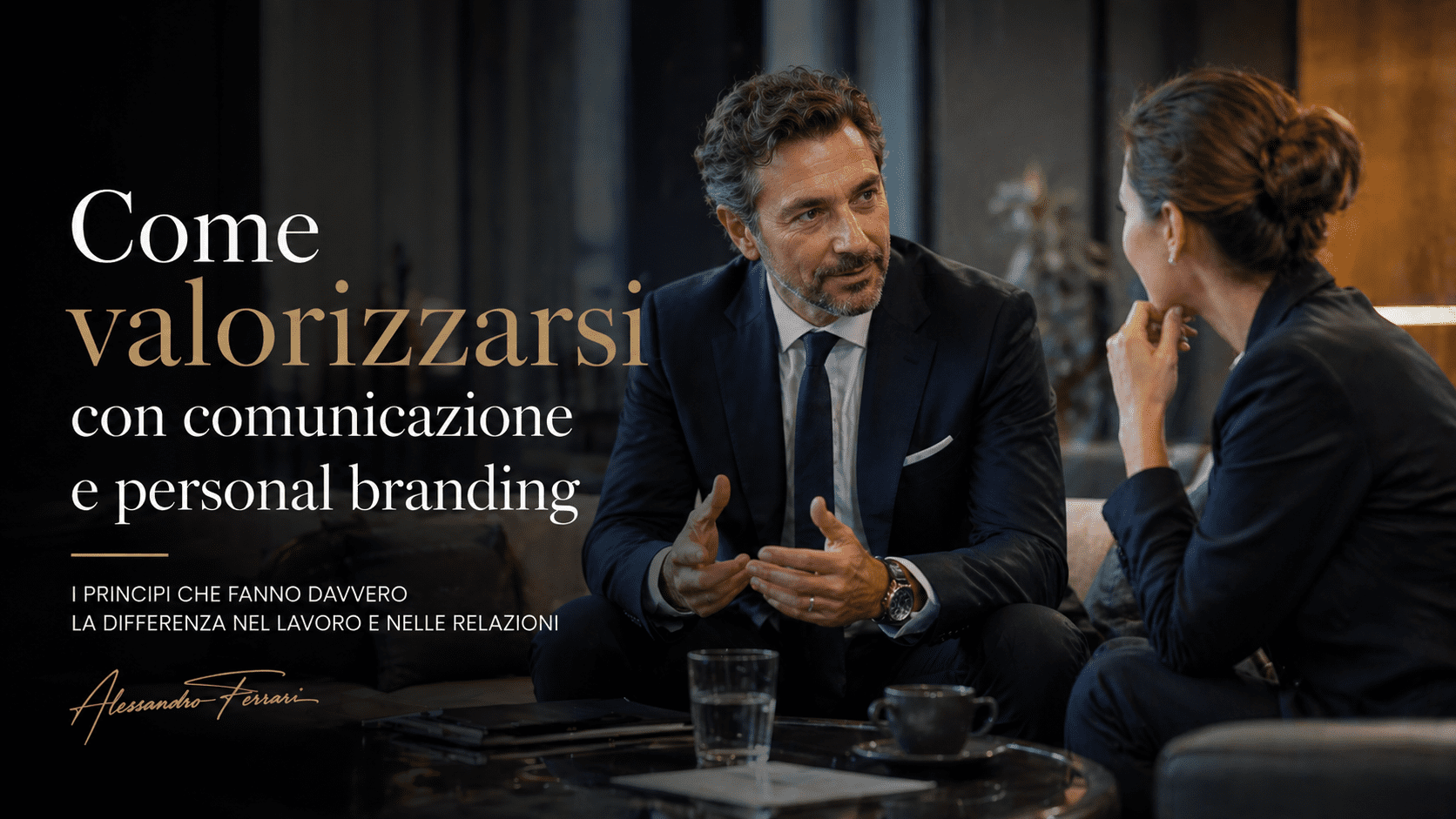 Cover professionale sull’articolo come valorizzarsi, con due professionisti eleganti che interagiscono in un contesto business legato al personal branding.