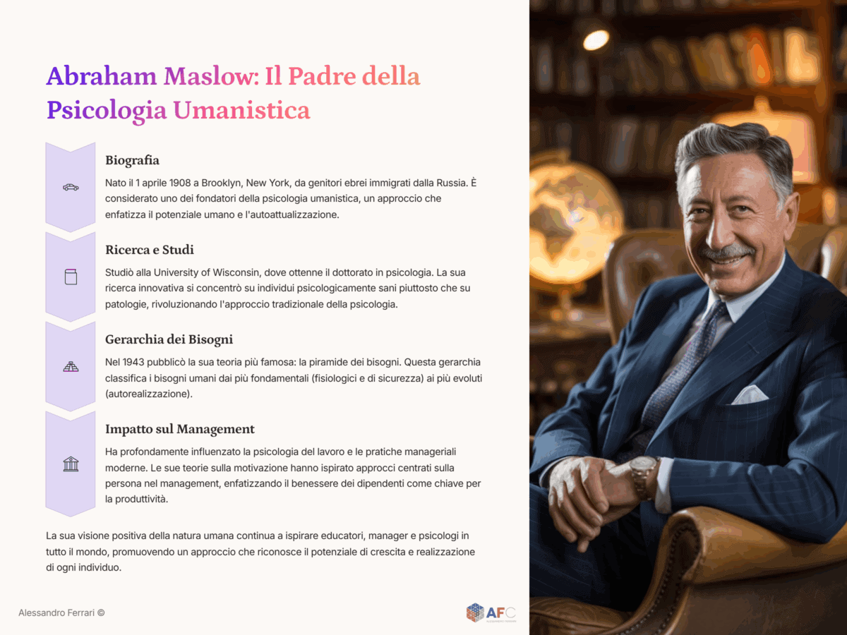 Infografica Chi era Abraham Maslow con biografia, studi, teoria e impatto aziendale