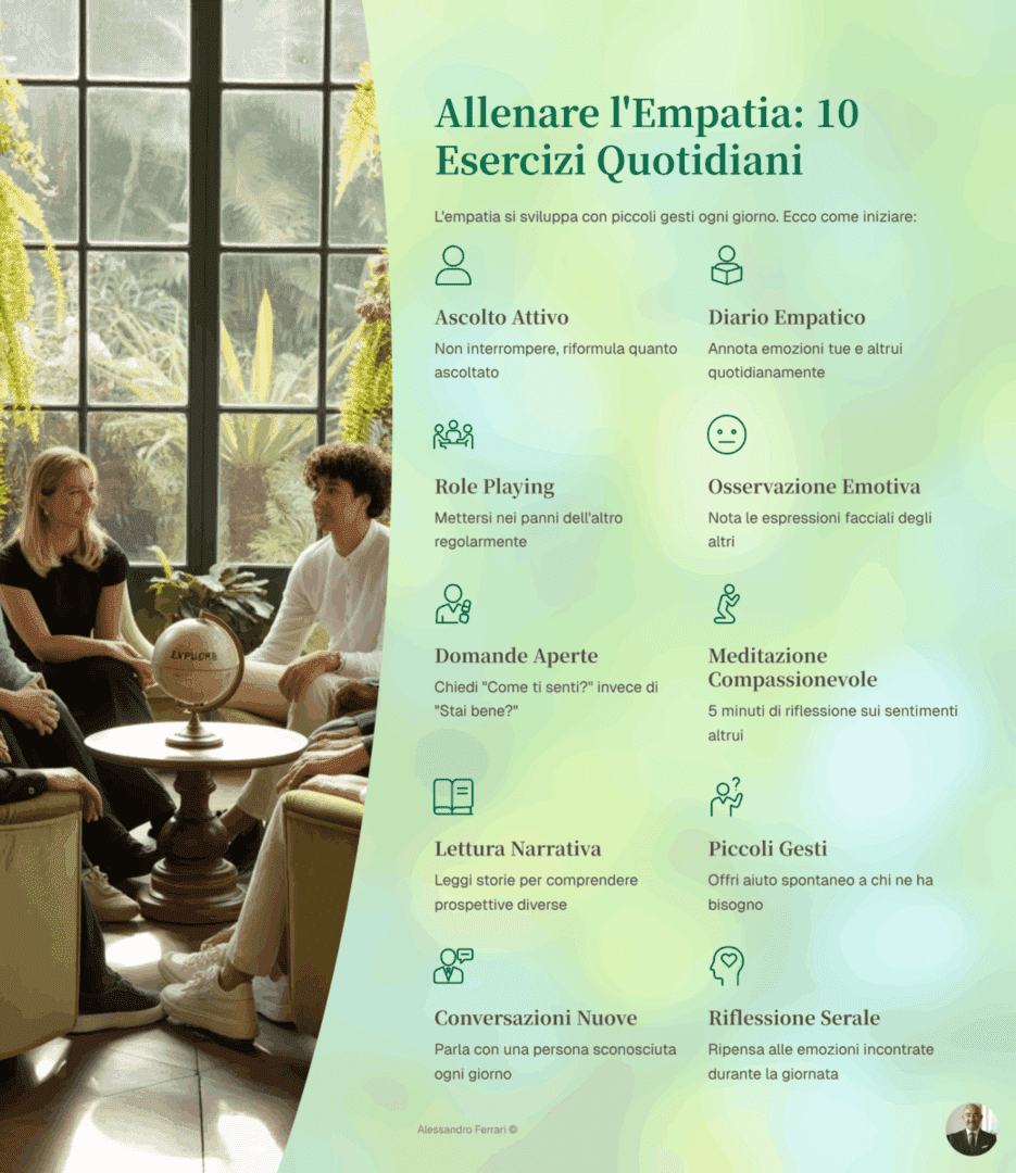 Come sviluppare empatia: 10 esercizi pratici per allenarla ogni giorno 2 Infografica esercizi pratici empatia con esempi concreti: ascolto attivo, role playing, domande aperte, osservazione del non verbale e feedback empatico.