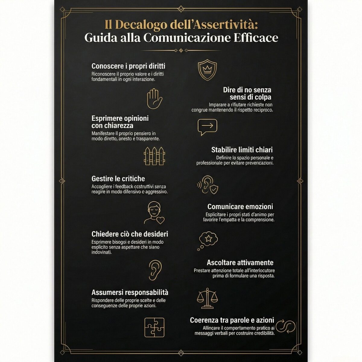 Il Decalogo dell'assertività di Alessandro Ferrari 2 Infografica con i 10 principi fondamentali dell’Assertività secondo Alessandro Ferrari.