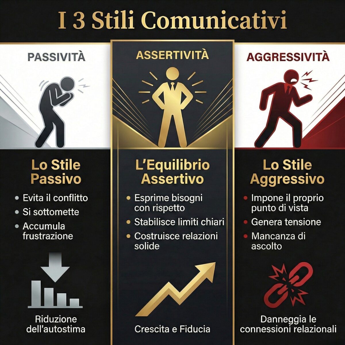 Il Decalogo dell'assertività di Alessandro Ferrari 1 Infografica sui 3 stili comunicativi: passività, assertività e aggressività, con differenze pratiche ed effetti sulle relazioni.