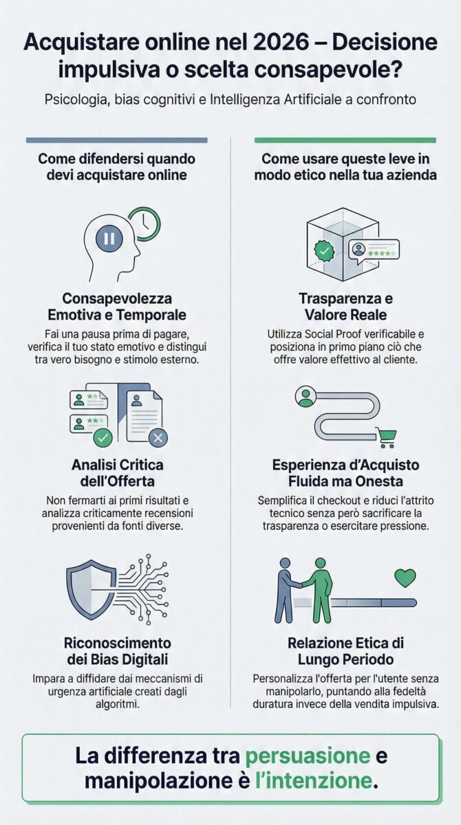 Acquistare online: quali sono le leve psicologiche che influenzano davvero le tue decisioni? 2 Infografica su come acquistare online in modo consapevole e usare leve persuasive in modo etico nel 2026