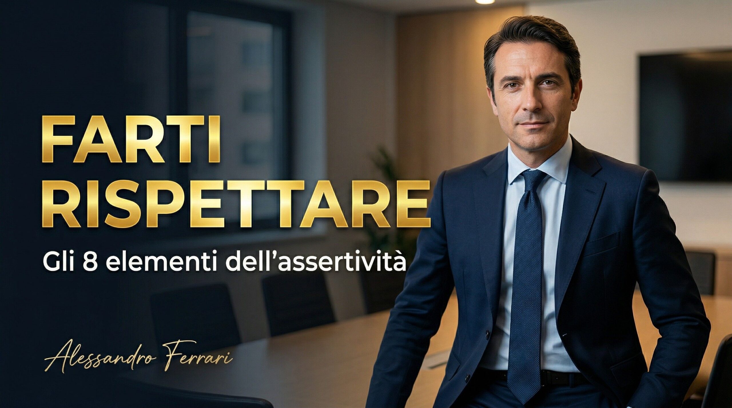 Cover dell’articolo sull’assertività con professionista in contesto lavorativo e titolo sugli 8 elementi chiave per farti rispettare nel lavoro