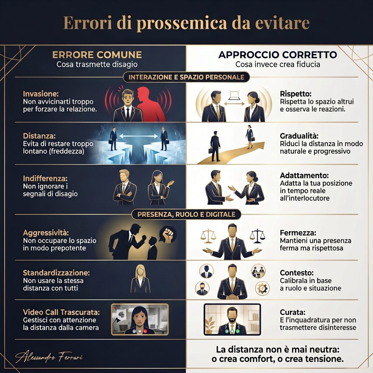 Infografica sugli errori più comuni nella prossemica nel lavoro e sui comportamenti corretti da adottare