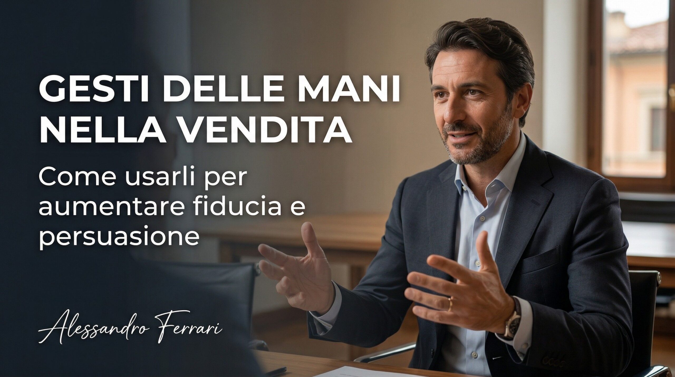 Cover articolo sui gesti delle mani nella vendita per aumentare fiducia, credibilità e persuasione durante una trattativa commerciale