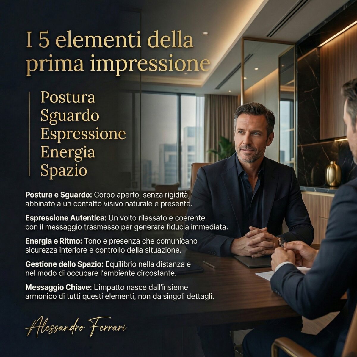 I 5 elementi della prima impressione nel linguaggio del corpo: postura, sguardo, espressione, energia e spazio