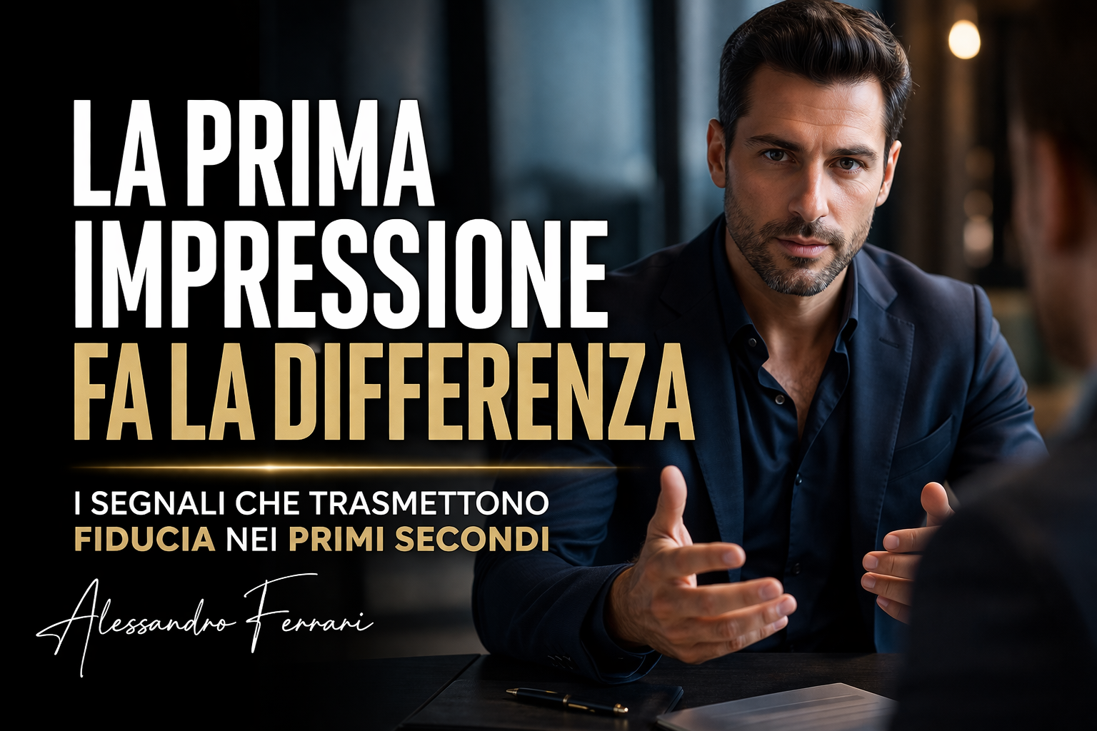 Cover sulla prima impressione e il linguaggio del corpo con segnali che trasmettono fiducia nei primi secondi in un contesto professionale
