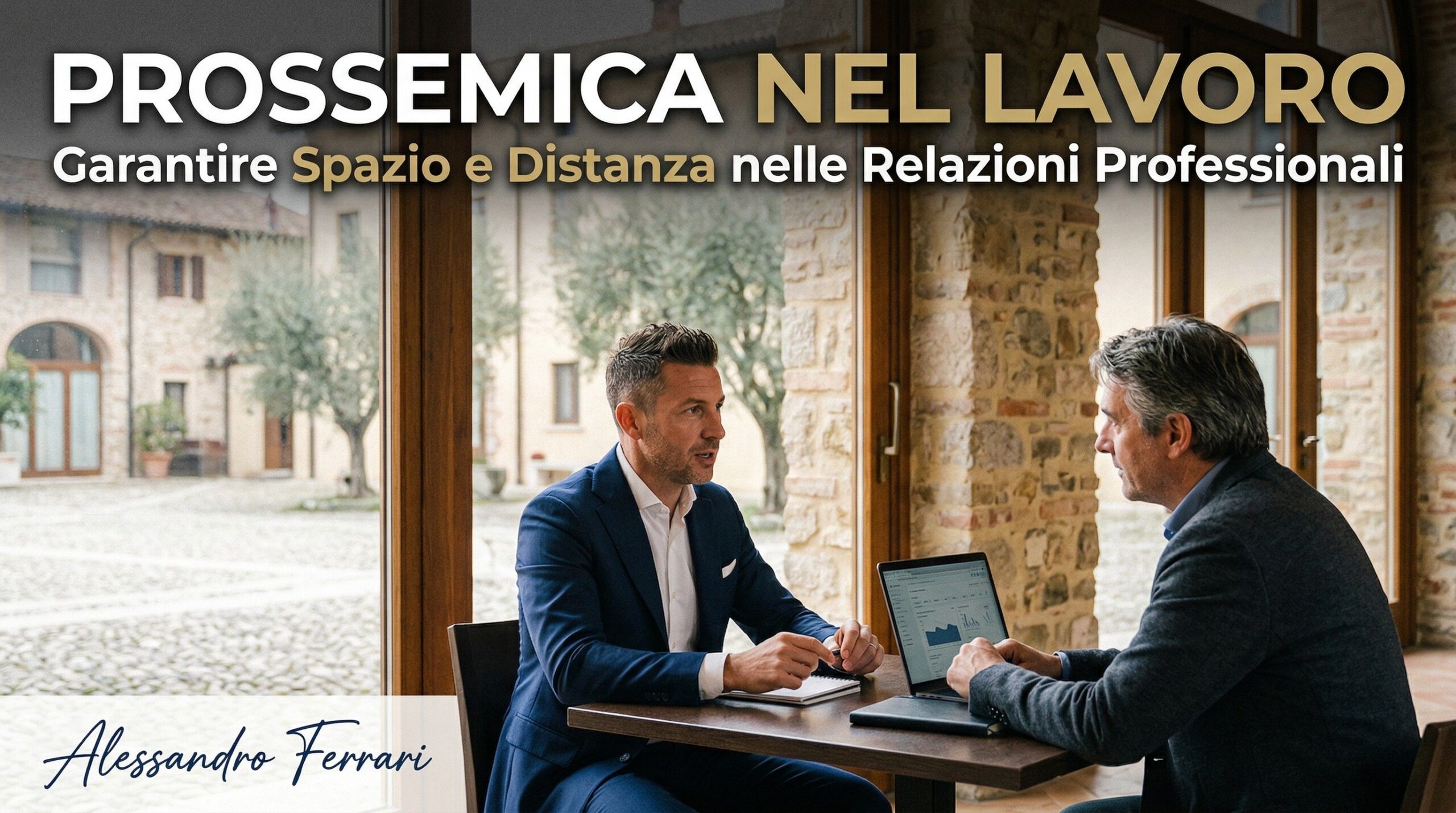 Cover dell’articolo sulla prossemica nel lavoro con professionisti in un contesto aziendale italiano e focus su distanza, spazio e comunicazione efficace