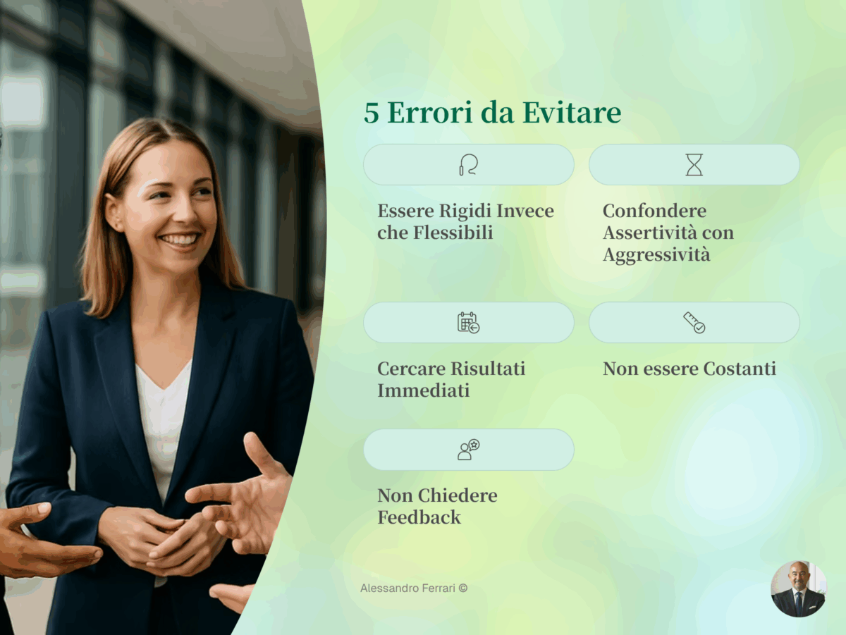Esercizi assertività: 5 errori da evitare durante l’allenamento – rigidità, aggressività, fretta, mancanza di costanza, assenza di feedback