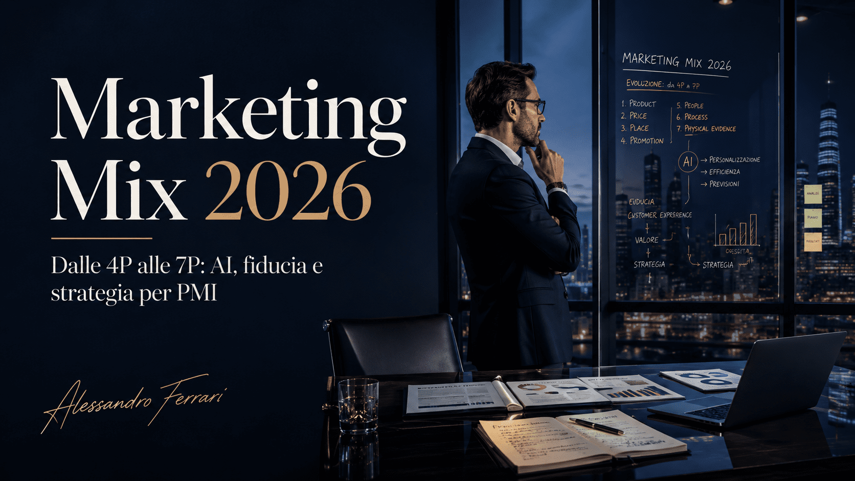 Cover articolo sul Marketing Mix 2026 con focus su 4P, 7P, intelligenza artificiale, fiducia e strategia per PMI.