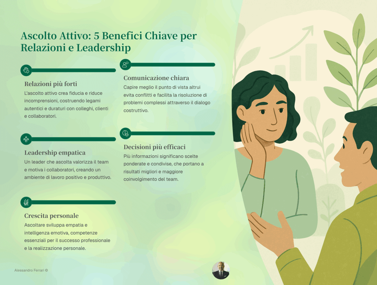 Infografica che illustra i 5 benefici dell’ascolto attivo nelle relazioni e nella leadership.