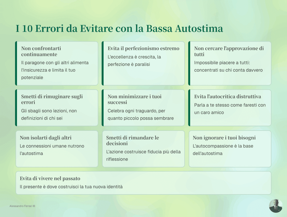Infografica con i 10 errori da evitare per non peggiorare la bassa autostima.