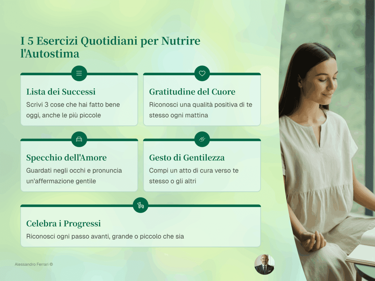 Infografica con 5 esercizi quotidiani per nutrire l’autostima e aumentare la fiducia in se stessi.