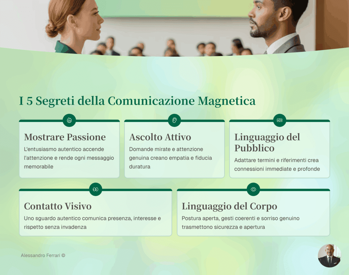 Infografica con i 5 segreti della comunicazione magnetica: mostrare passione, ascolto attivo, linguaggio del pubblico, contatto visivo e linguaggio del corpo.