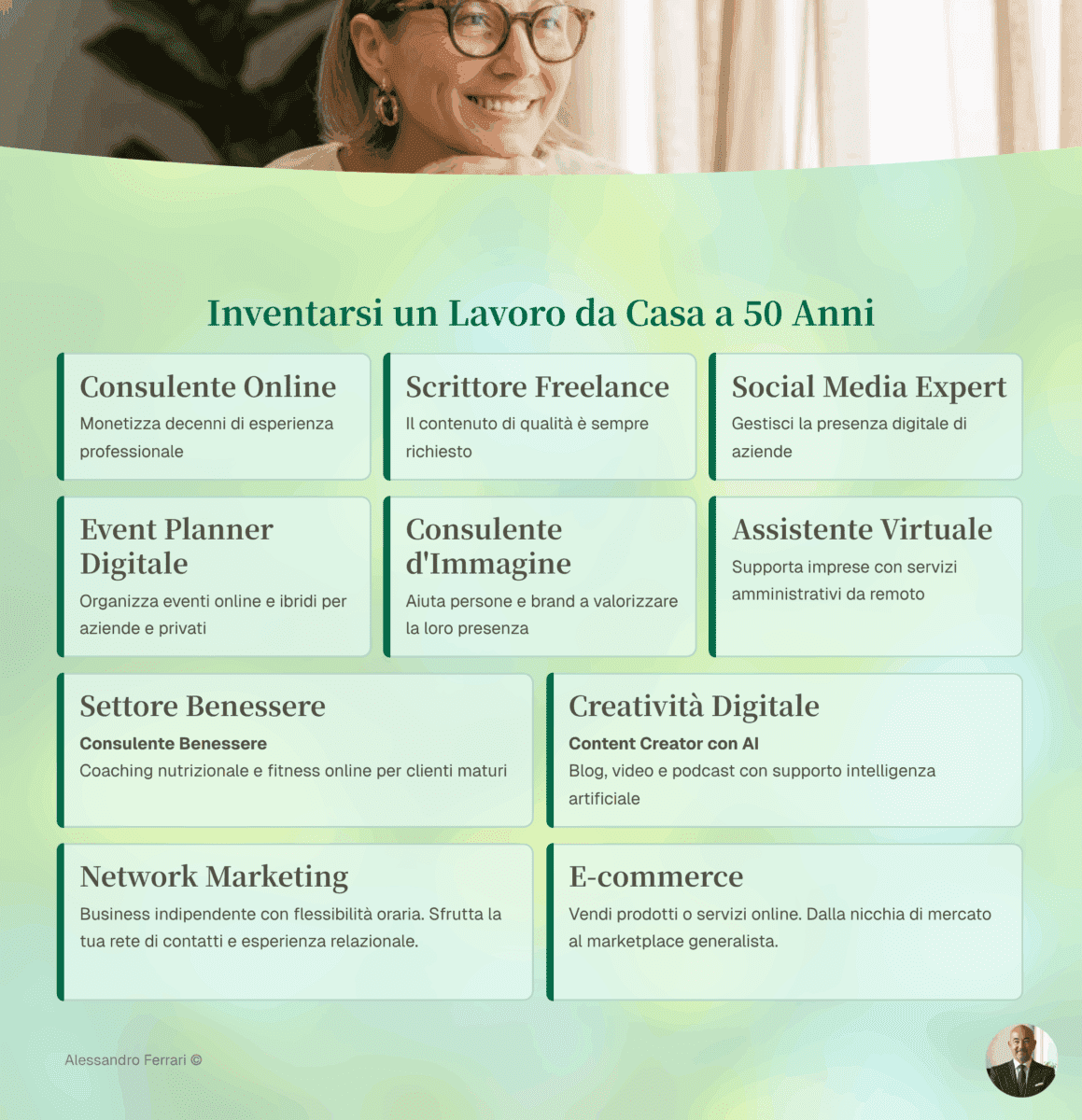 Inventarsi un lavoro da casa a 50 anni – Infografica con 10 idee concrete e realistiche per reinventarsi online