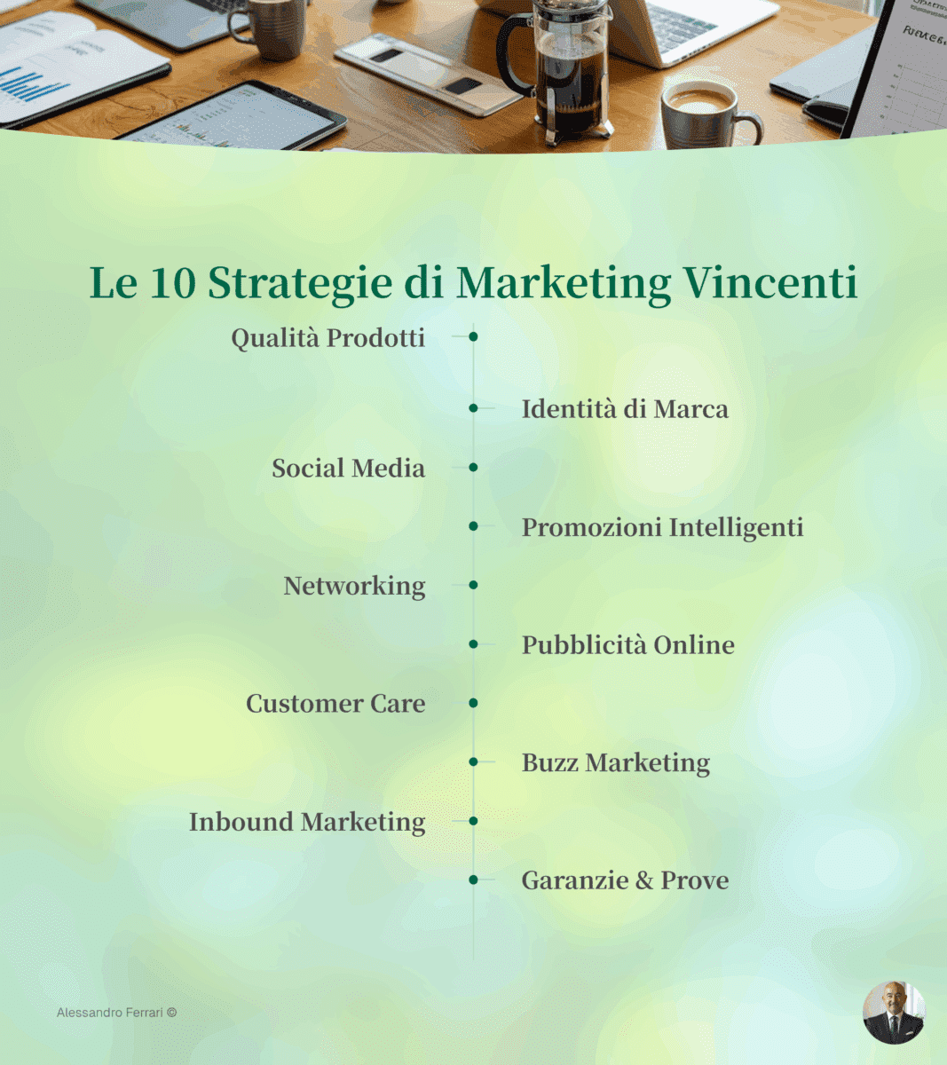 Infografica sulle 10 migliori strategie di marketing per attirare e fidelizzare clienti, con consigli su brand, social media, inbound marketing e customer care.