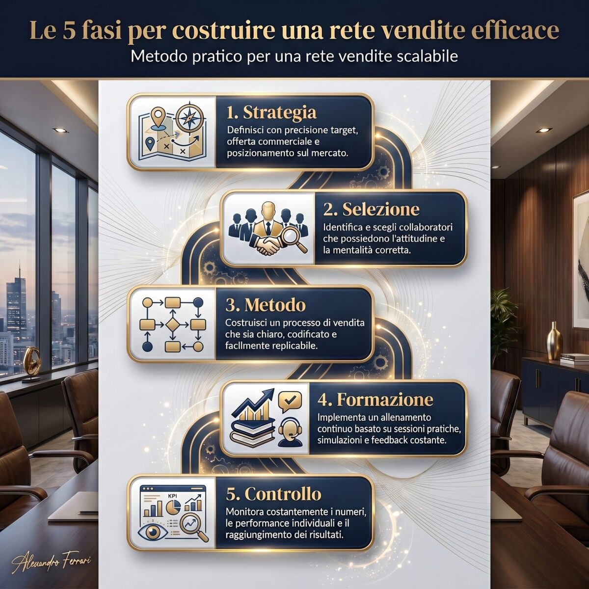 Infografica sulle 5 fasi per costruire una rete vendite efficace: strategia, selezione, metodo, formazione e controllo.