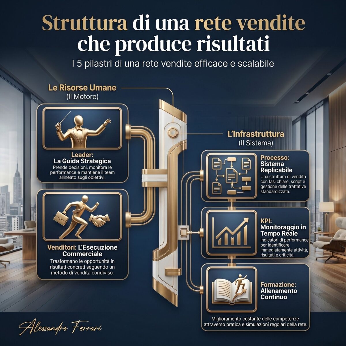 Infografica sulla struttura di una rete vendite efficace composta da leader, venditori, processo, KPI e formazione.