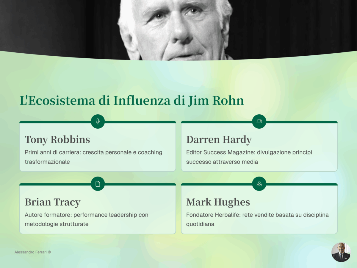 Infografica con la mappa dei mentee e dell’impatto di Jim Rohn (Robbins, Hardy, Tracy, Herbalife)