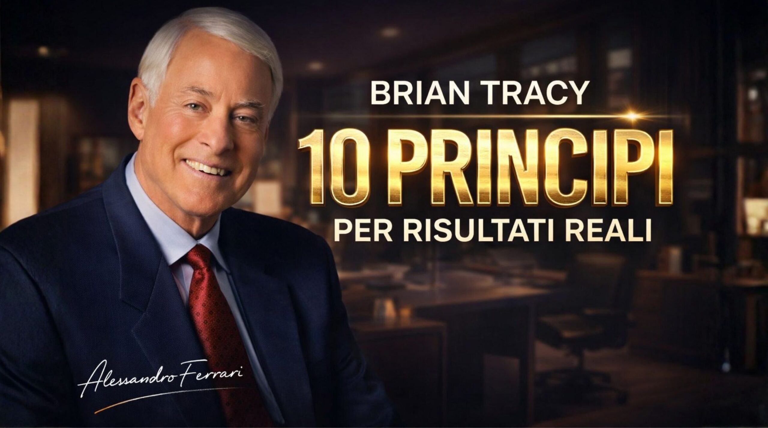 Cover dell’articolo su Brian Tracy con ritratto fotografico e titolo sui 10 principi per risultati concreti nel lavoro e nel business