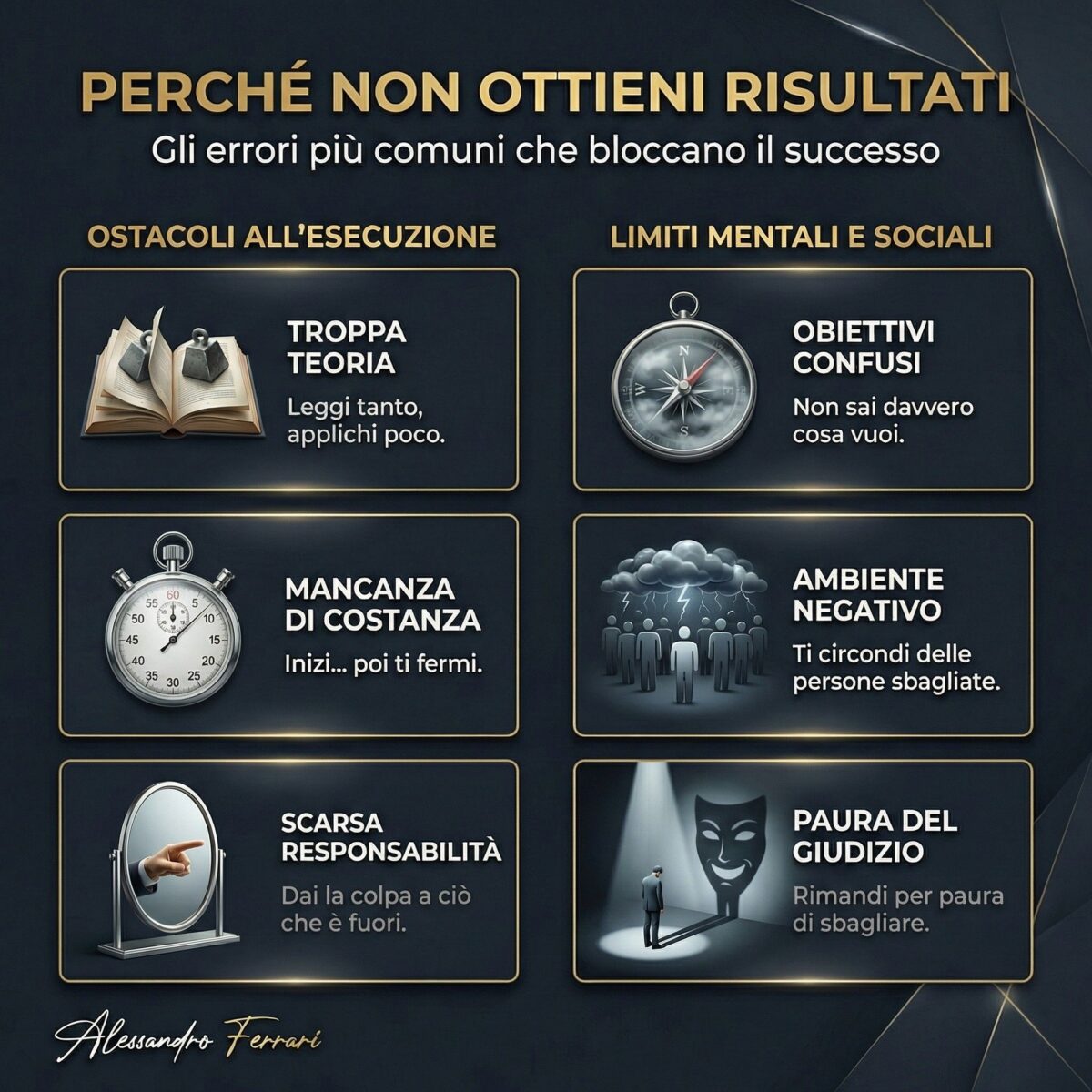Infografica sugli errori più comuni che impediscono di ottenere risultati nella crescita personale secondo i principi di Jack Canfield.