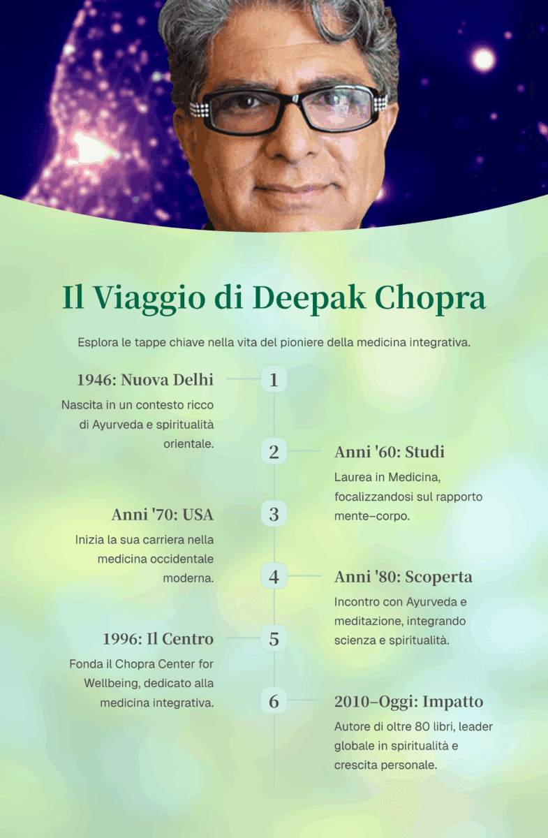 Infografica cronologica sulla vita di Deepak Chopra con le 6 tappe fondamentali dal 1946 a oggi.