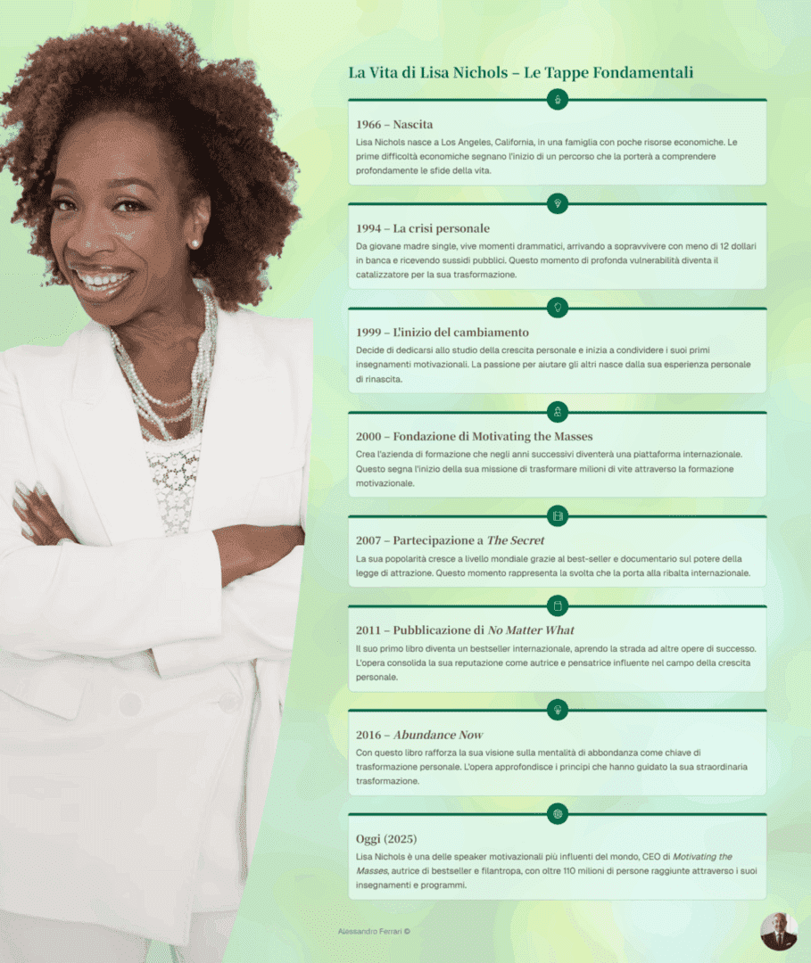 Lisa Nichols: 10 Insegnamenti per una Vita di Successo 1 Infografica con le date e i momenti salienti della vita di Lisa Nichols dal 1966 al 2025