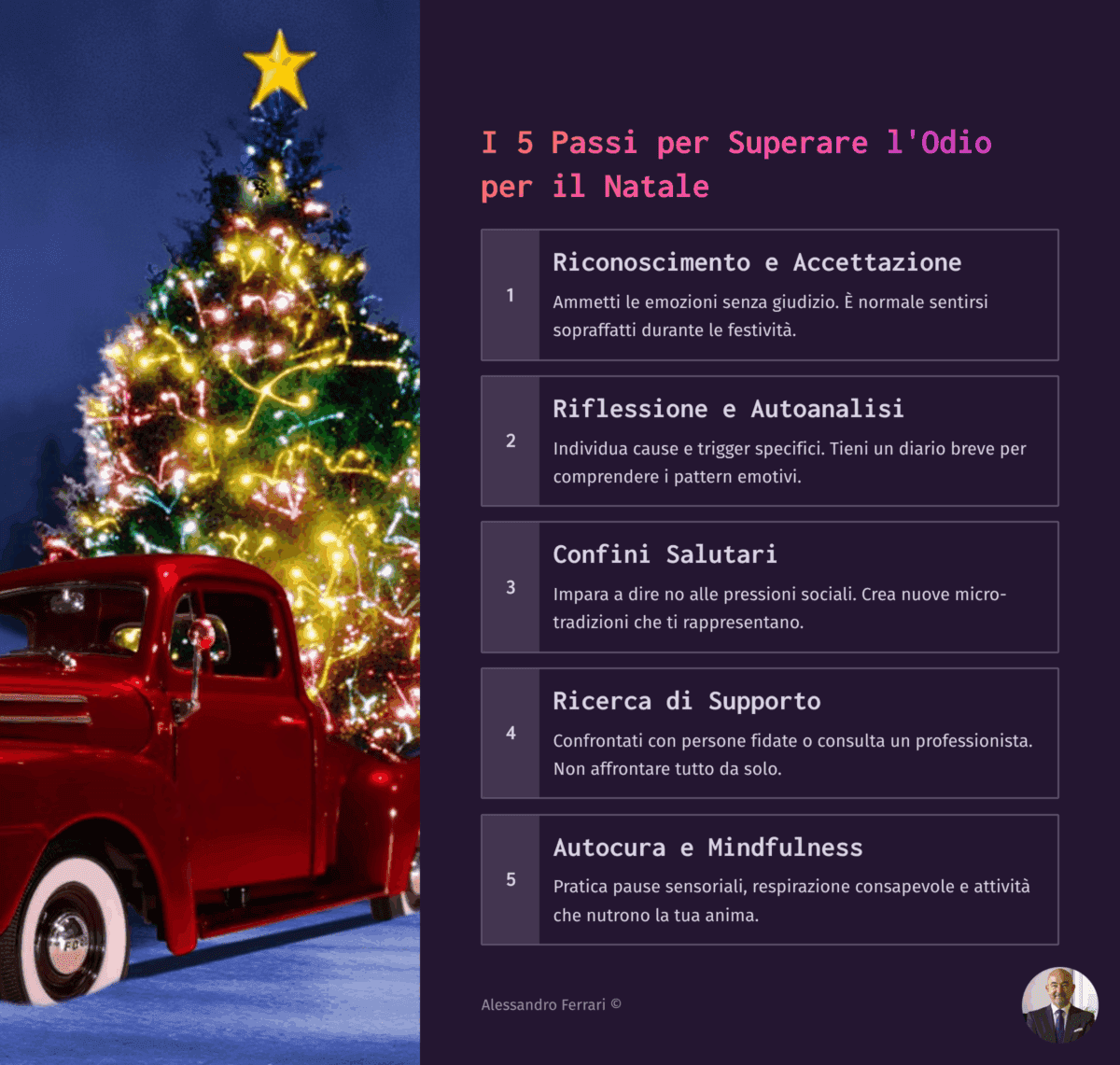 Infografica con i 5 passi per superare l’odio per il Natale e la Sindrome del Grinch.