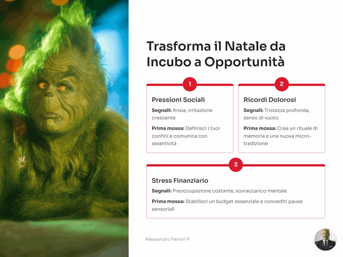 Infografica con cause dell’odiare il Natale, segnali e prima mossa pratica.