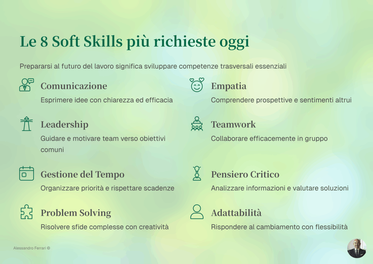 Infografica con le 8 principali Soft Skils più richieste oggi