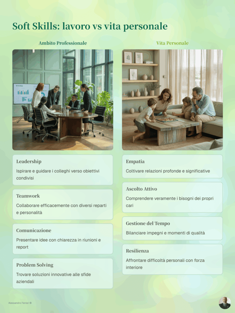 Infografica comparativa tra Soft Skils nel lavoro e nella vita personale