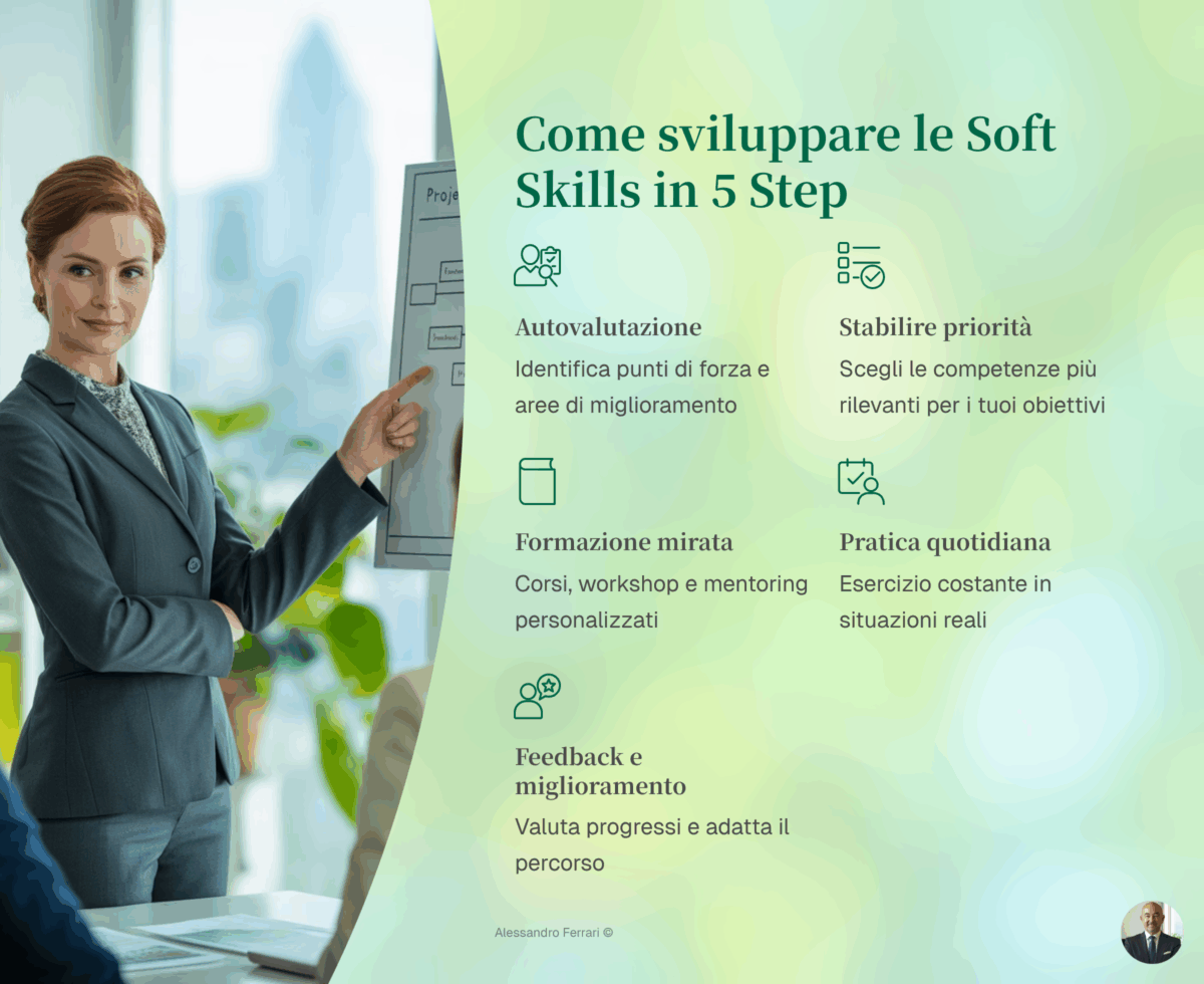 Infografica con 5 step pratici per sviluppare le Soft Skils