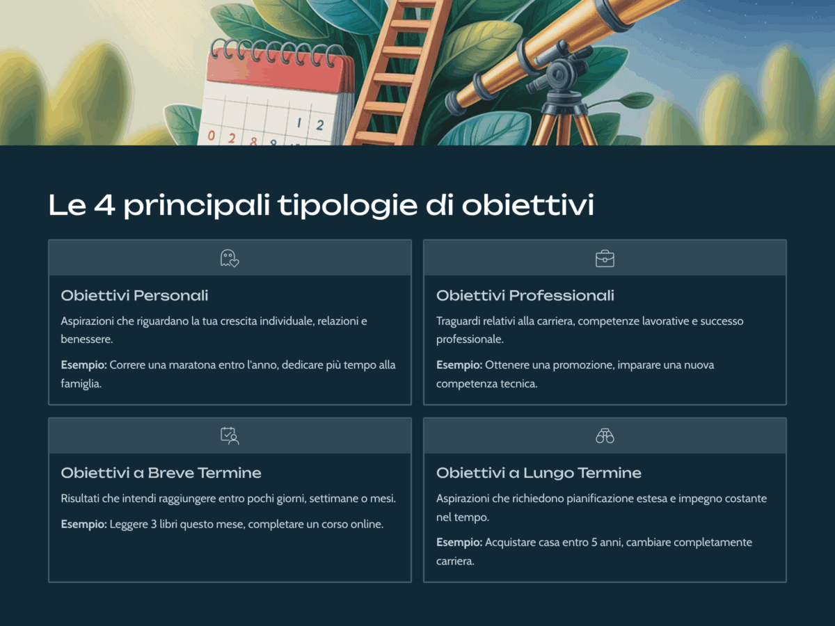 Infografica con esempi di obiettivi personali, professionali, a breve e lungo termine