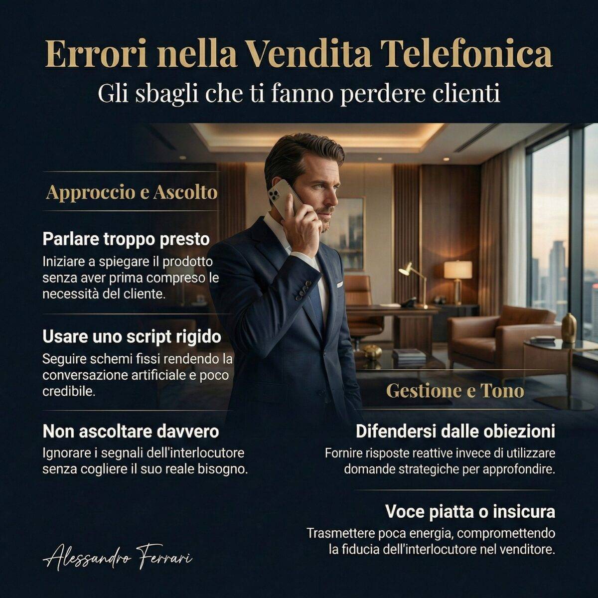 Infografica sugli errori nella guida alla vendita telefonica che evidenzia i principali sbagli da evitare durante una chiamata commerciale.