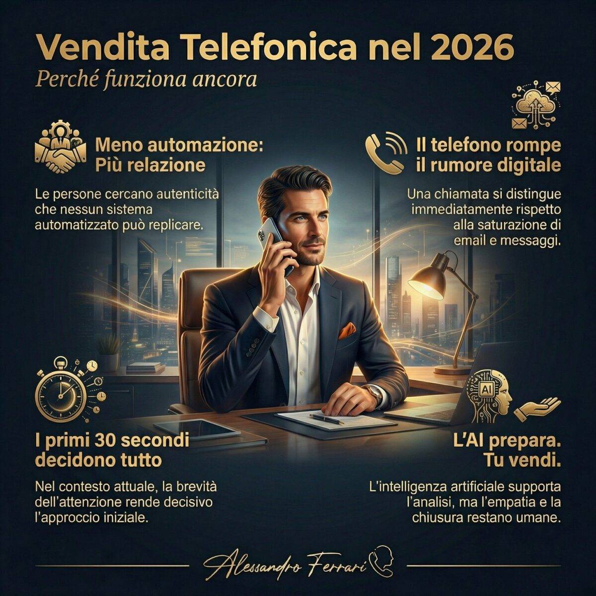 Infografica sulla guida alla vendita telefonica nel 2026 che mostra perché la comunicazione telefonica è ancora efficace rispetto ai canali digitali e all’intelligenza artificiale.