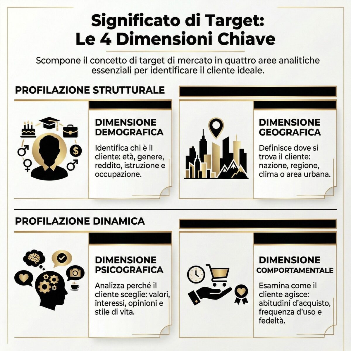 Significato di Target: Guida alla Realizzazione Personale 1 Infografica sul significato di target con le 4 dimensioni chiave: demografica, geografica, psicografica e comportamentale, utili per definire il pubblico ideale.