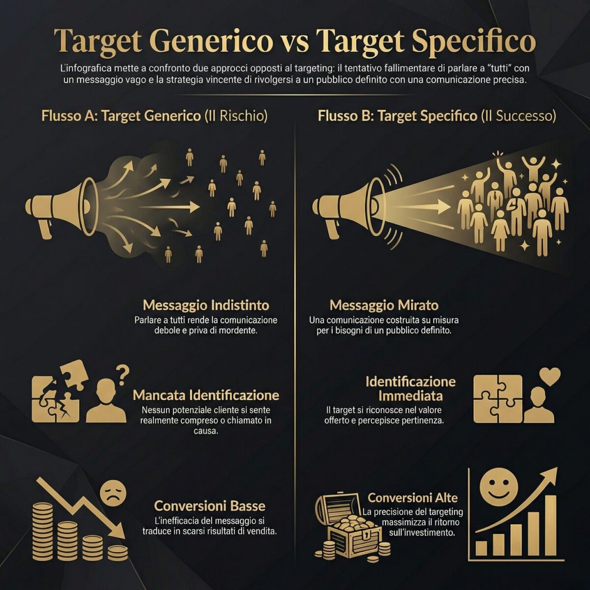 Significato di Target: Guida alla Realizzazione Personale 3 Infografica sul significato di target che confronta target generico e target specifico, mostrando come cambiano messaggio, identificazione del pubblico e risultati in termini di conversioni.