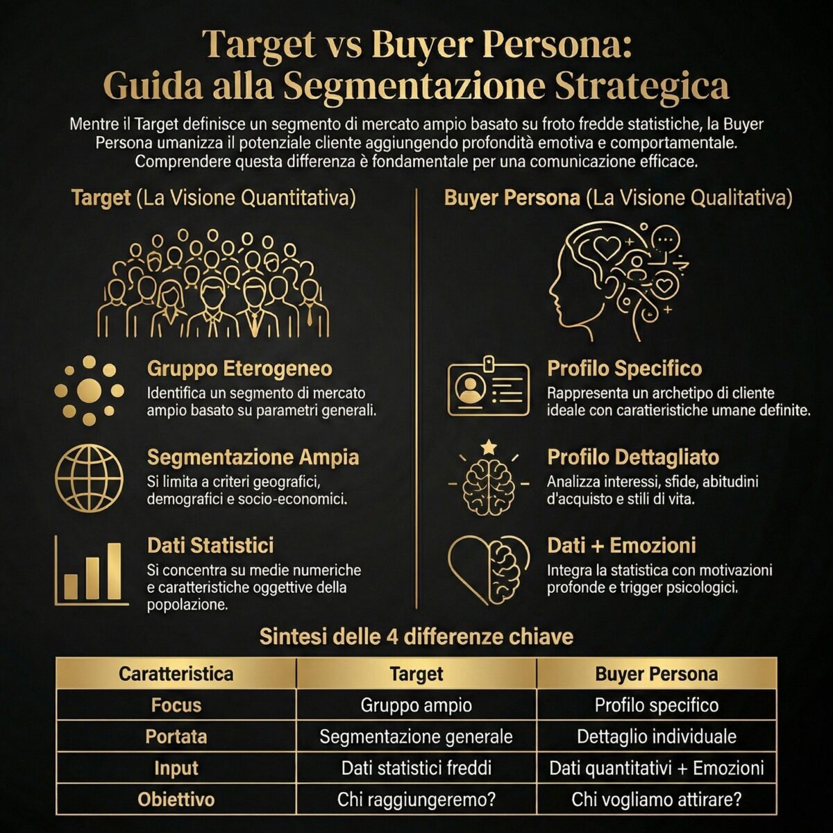 Significato di Target: Guida alla Realizzazione Personale 2 Infografica che spiega il significato di target confrontando target e buyer persona: segmentazione, dati, obiettivi e livello di dettaglio per definire il pubblico ideale.