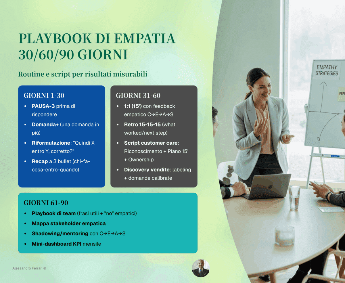 Infografica empatia lavoro: playbook 30/60/90 giorni con routine e script (PAUSA-3, Domanda+, riformulazione, feedback empatico C→E→A→S, customer care e discovery vendite) e KPI NPS, CES, FCR, win-rate, turnover.