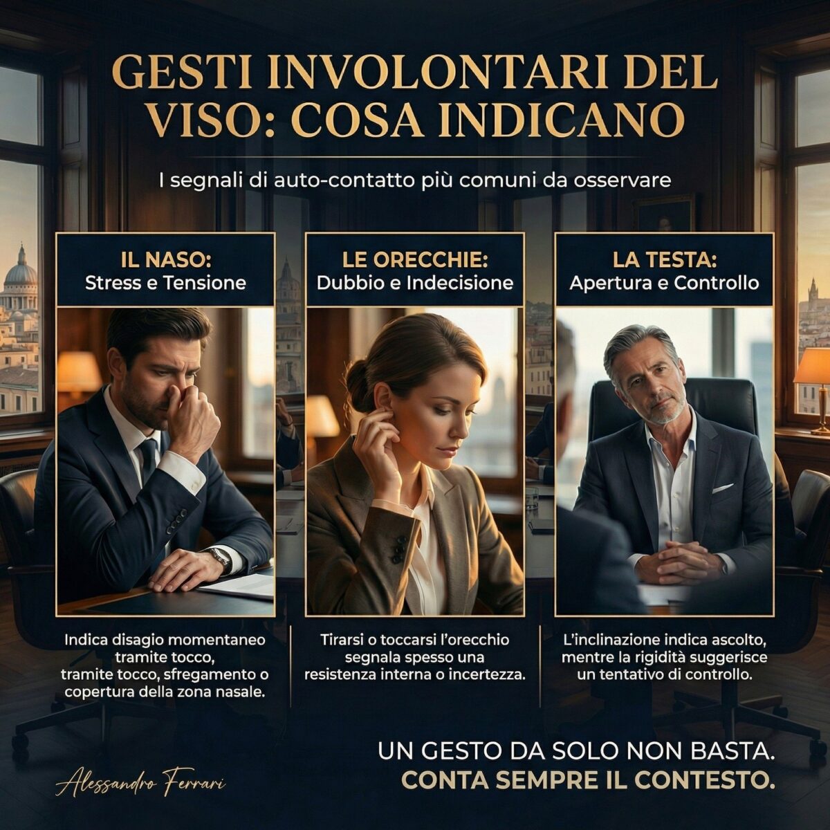 Infografica sui gesti involontari del viso e il loro significato nel linguaggio del corpo, come toccarsi il naso, orecchie e movimenti della testa.