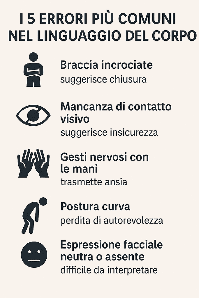 I 5 errori più comuni nel linguaggio del corpo: braccia incrociate, postura curva, gesti nervosi, mancanza di contatto visivo ed espressione facciale neutra