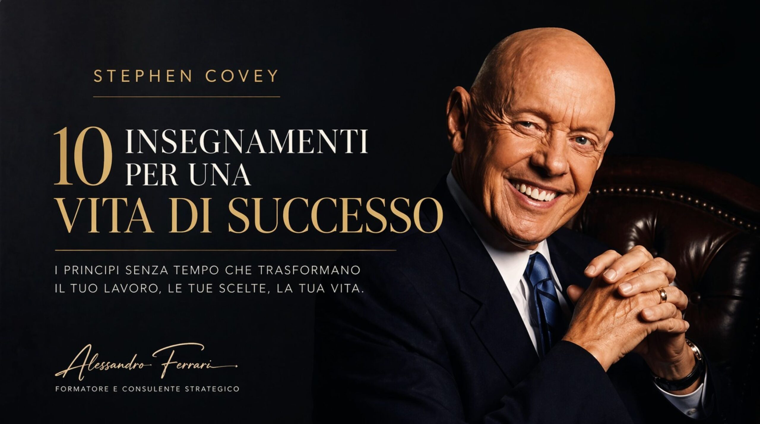 Cover dell’articolo su Stephen Covey con ritratto elegante e titolo sui 10 insegnamenti per una vita di successo applicabili nel lavoro e nella leadership.