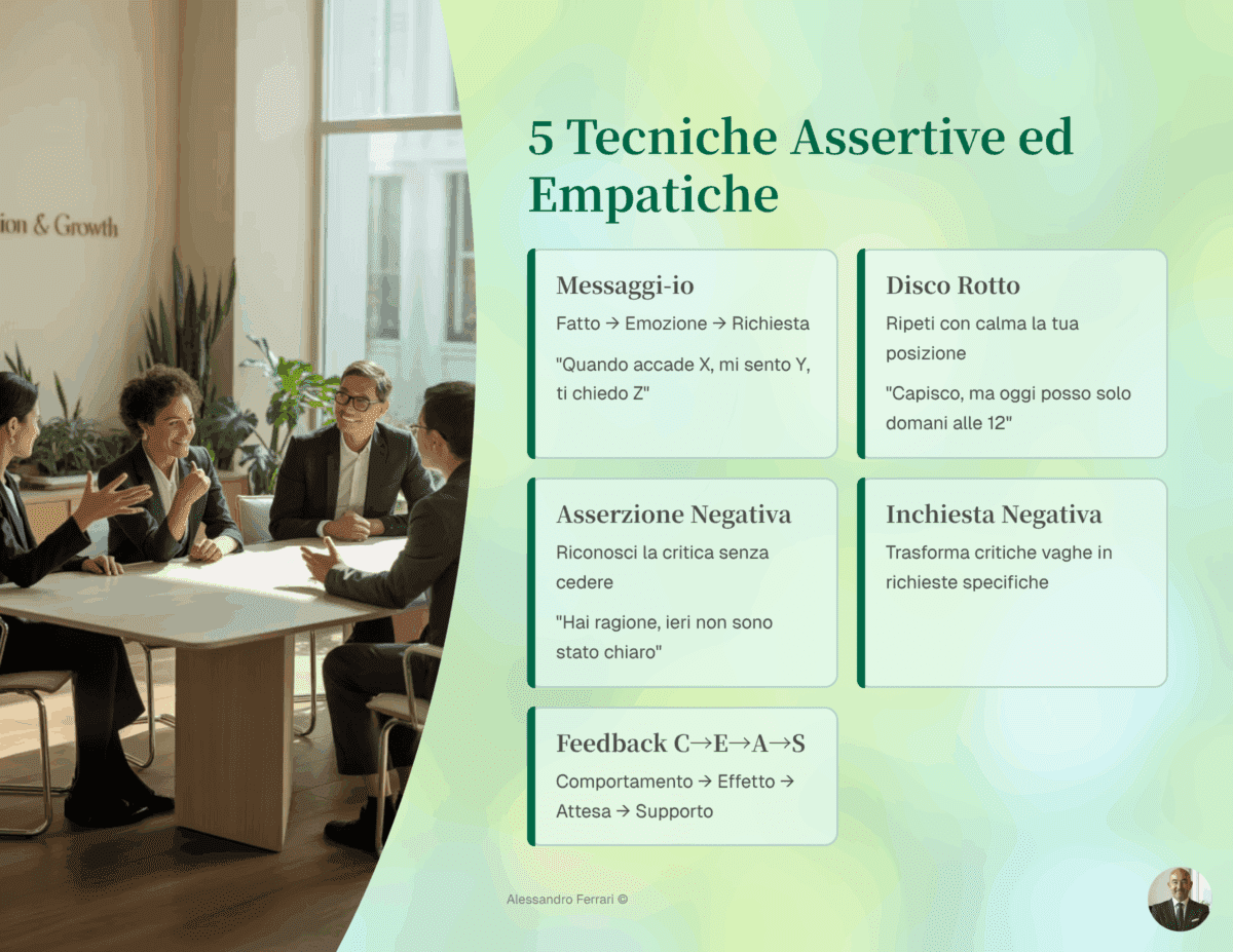 Infografica tecniche assertive ed empatiche con esempi pratici: messaggi-io, disco rotto, asserzione negativa, inchiesta negativa e feedback C→E→A→S.
