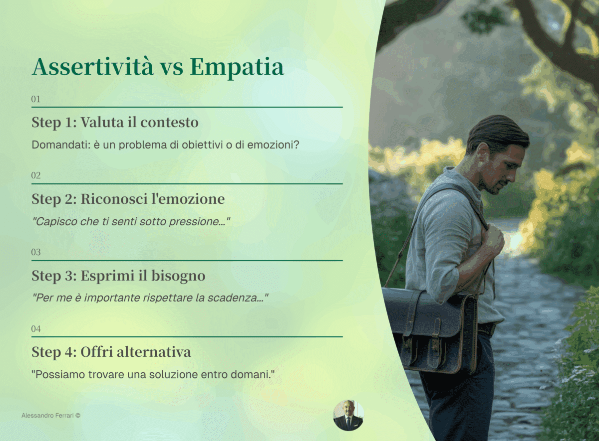 Infografica decision tree assertività vs empatia con esempi pratici per bilanciare ascolto empatico ed espressione assertiva nelle relazioni e sul lavoro.