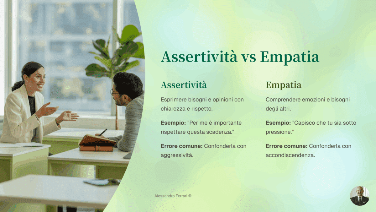 Infografica assertività vs empatia con esempi pratici, differenze chiave e frasi da usare nella comunicazione.