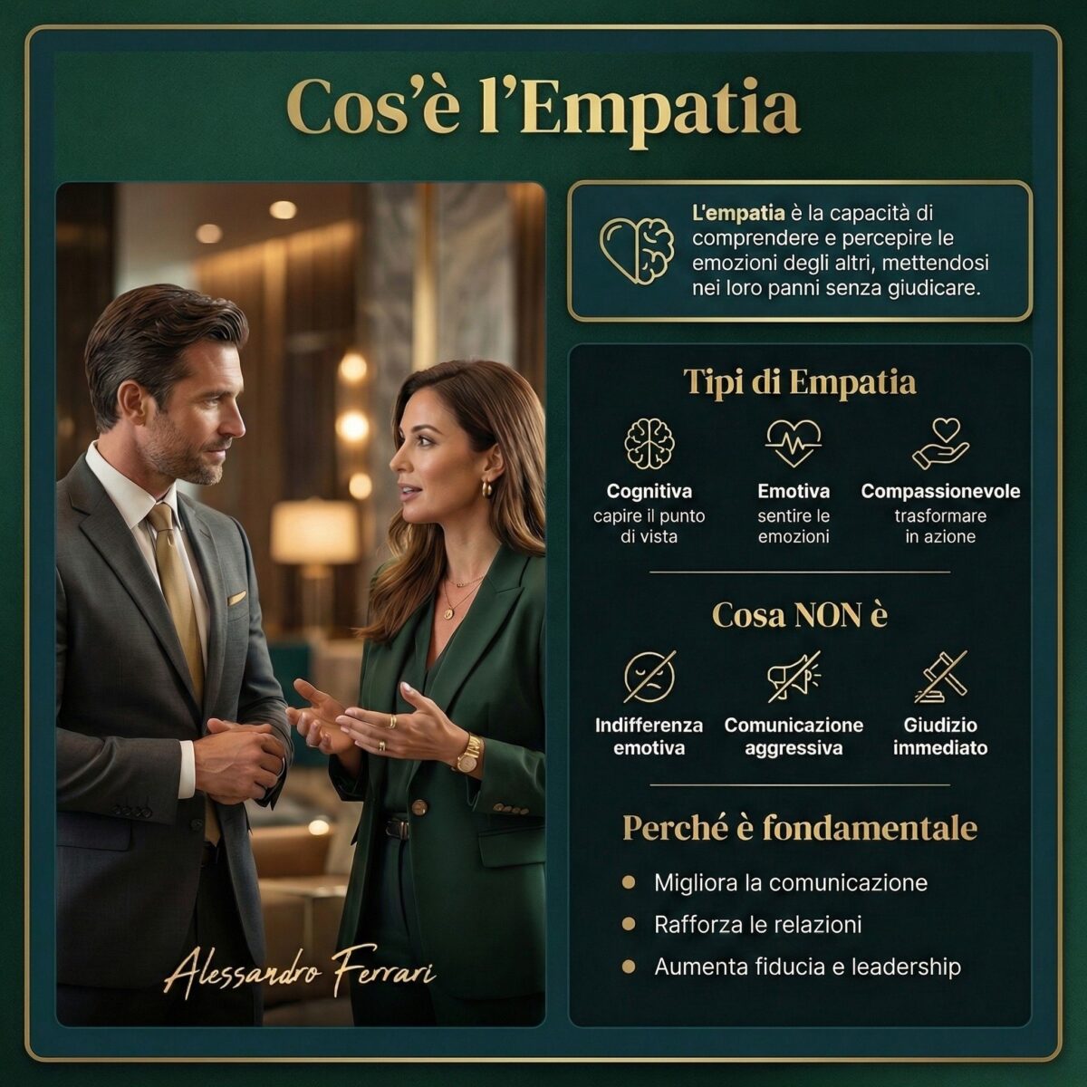 Empatia: cos’è, significato in psicologia e come svilupparla 1 Infografica sull’empatia con definizione, tipi di empatia (cognitiva, emotiva, compassionevole) e cosa non è empatia nella comunicazione