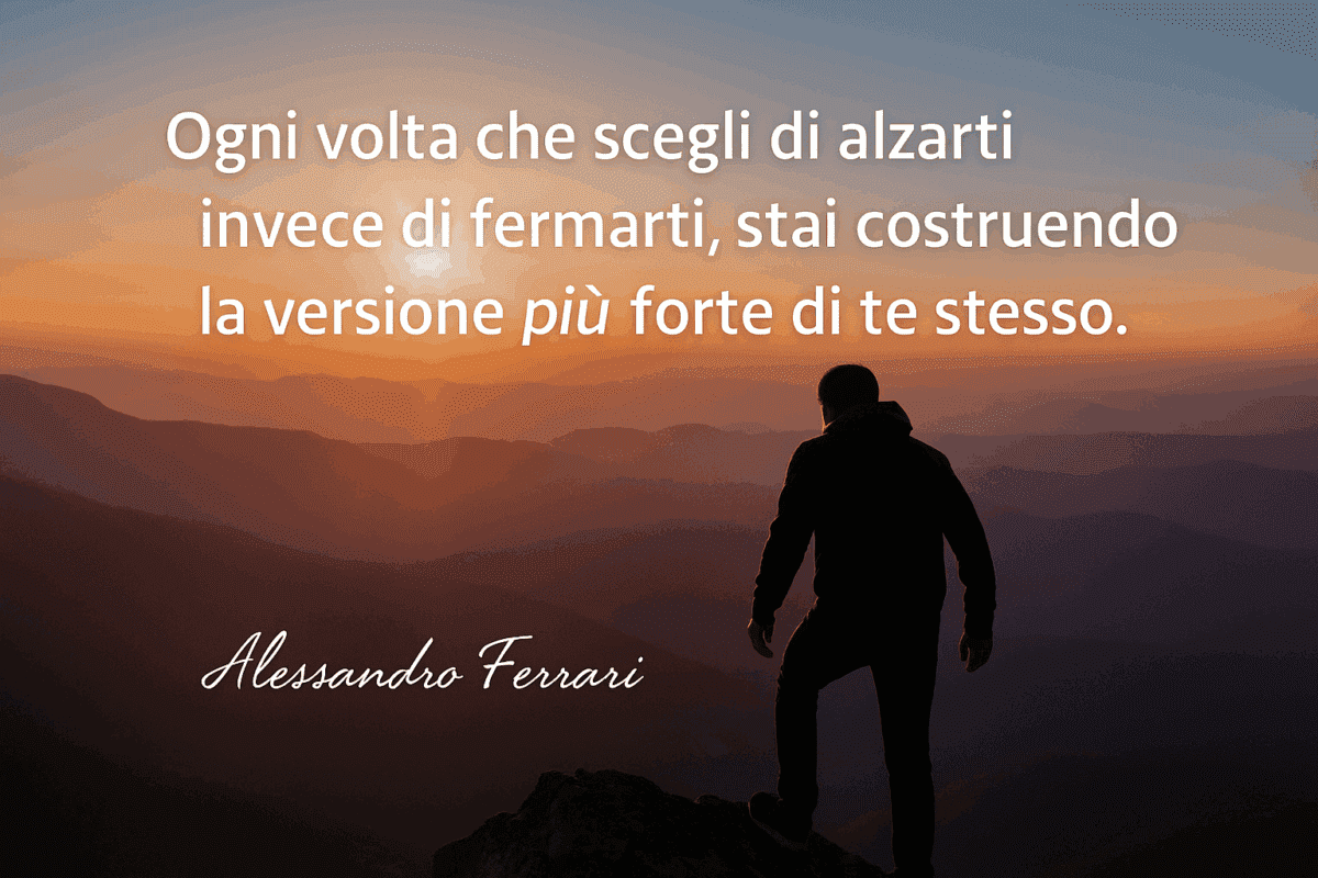 Ogni volta che scegli di alzarti invece di fermarti, costruisci la versione più forte di te stesso – frase motivazionale di Alessandro Ferrari.
