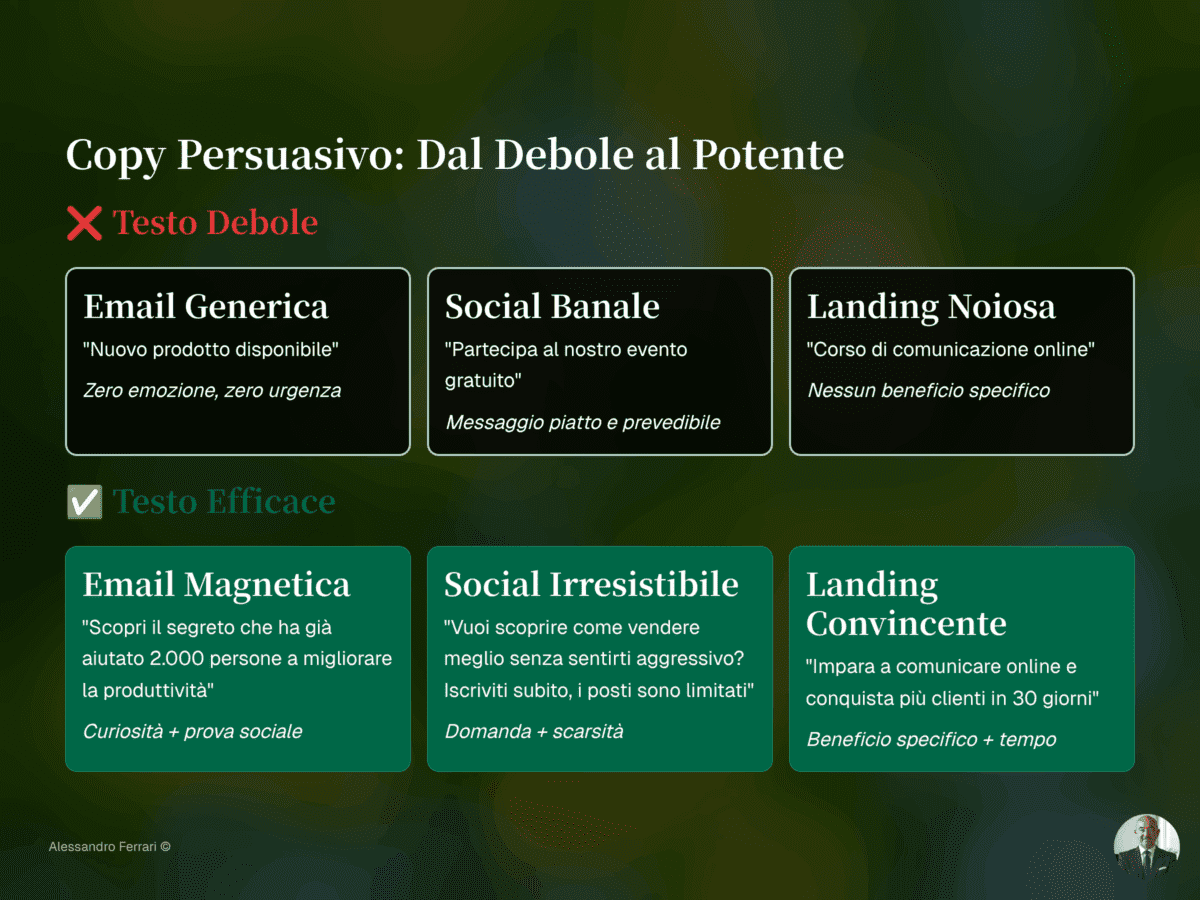 Infografica di copywriting persuasivo: confronto tra testo debole e testo efficace in email, social e landing page.