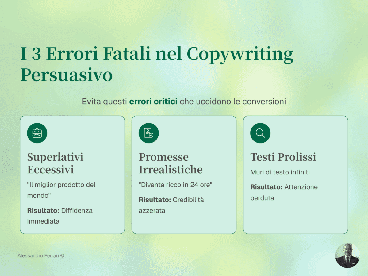 Copywriting persuasivo: come scrivere testi che vendono 2 Infografica con i 3 errori da evitare nel copywriting persuasivo: superlativi eccessivi, promesse irrealistiche, testi prolissi.
