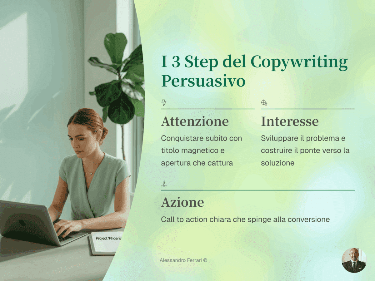 Copywriting persuasivo: come scrivere testi che vendono 1 Infografica con i 3 step del copywriting persuasivo: attenzione, interesse, azione.